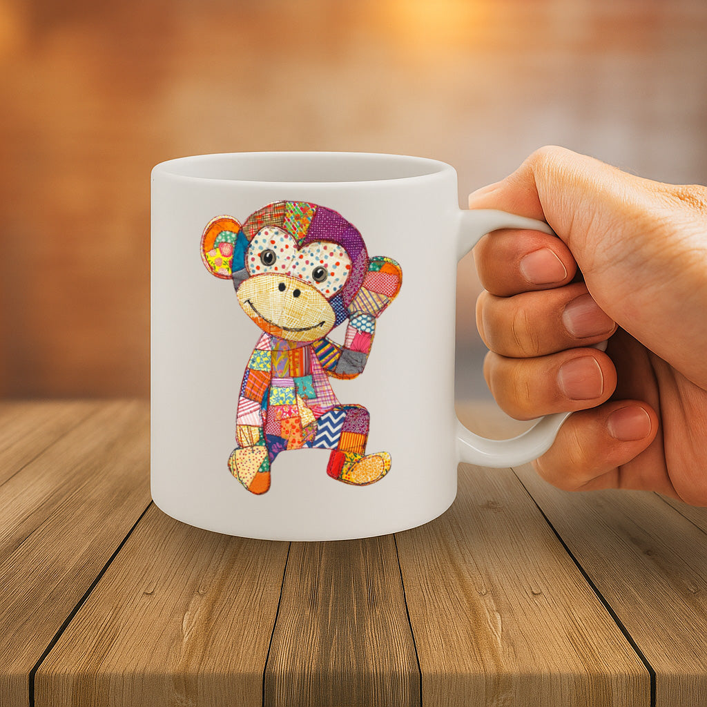 Colorful Patchwork Monkey Design Mug – Fun and Whimsical Coffee Cup with Cute Fabric-Style Monkey Artwork – MG6634