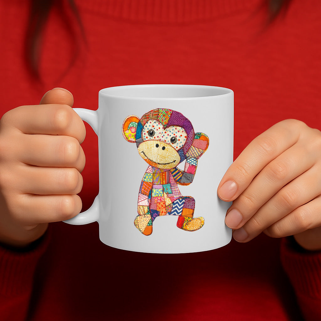 Colorful Patchwork Monkey Design Mug – Fun and Whimsical Coffee Cup with Cute Fabric-Style Monkey Artwork – MG6634