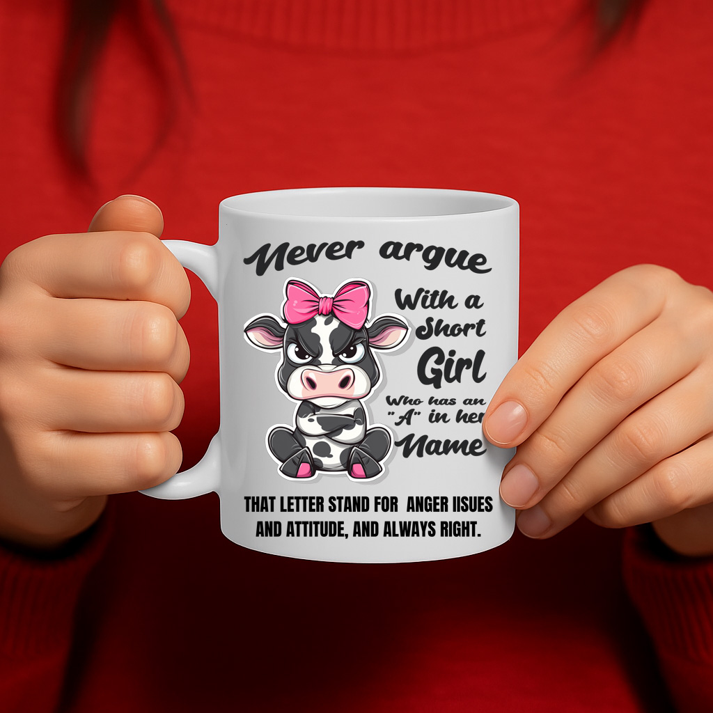 Never Argue With a Short Girl Who Has an A in Her Name - Funny Cow Attitude Mug for Women With Sass and Bold Personality – MG6633