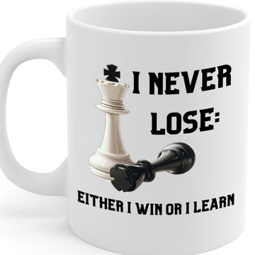 Inspirational Chess Mug with Motivational Quote "I Never Lose – Either I Win or I Learn" – White Ceramic Coffee Cup – 325ml / 11oz with Comfortable Grip – MG6632