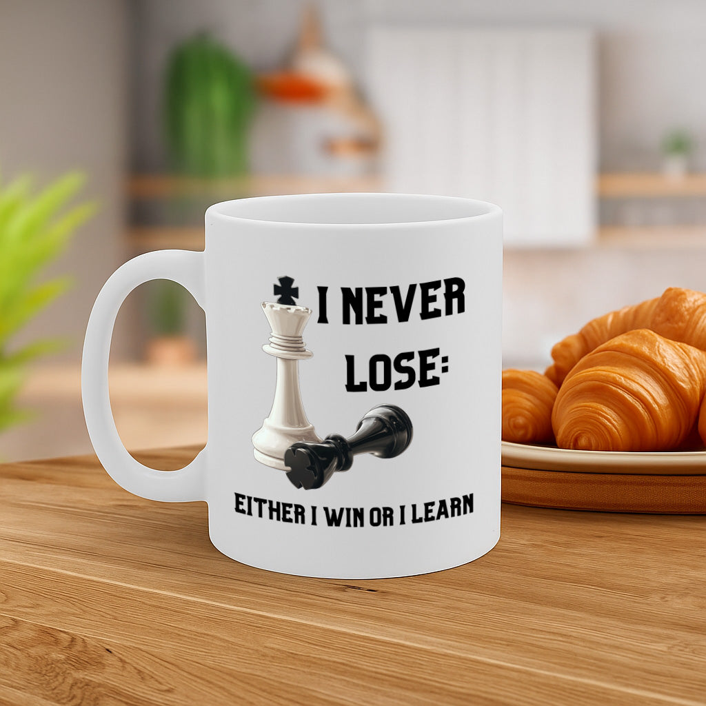 Inspirational Chess Mug with Motivational Quote "I Never Lose – Either I Win or I Learn" – White Ceramic Coffee Cup – 325ml / 11oz with Comfortable Grip – MG6632