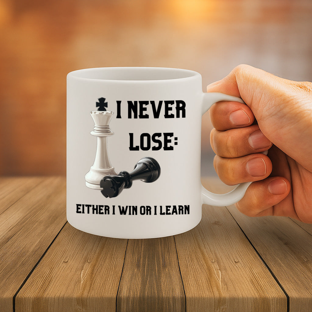 Inspirational Chess Mug with Motivational Quote "I Never Lose – Either I Win or I Learn" – White Ceramic Coffee Cup – 325ml / 11oz with Comfortable Grip – MG6632