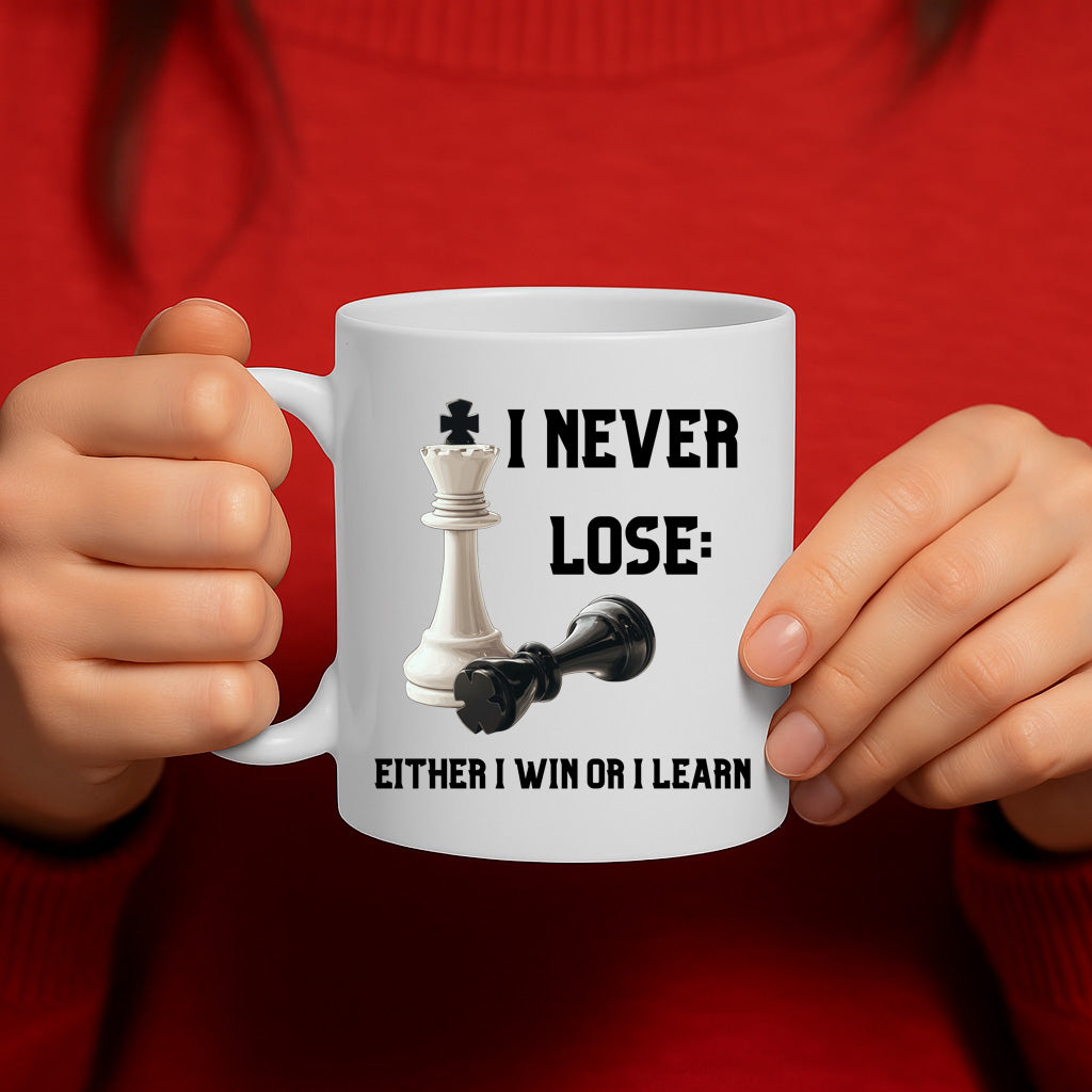 Inspirational Chess Mug with Motivational Quote "I Never Lose – Either I Win or I Learn" – White Ceramic Coffee Cup – 325ml / 11oz with Comfortable Grip – MG6632