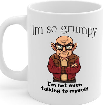Hilariously Grumpy Cartoon Mug Featuring Bald Man with Glasses in Red Jacket – ‘I’m So Grumpy I’m Not Even Talking to Myself’ – Dishwasher and Microwave Safe – 11oz Ceramic Coffee Cup – MG6629