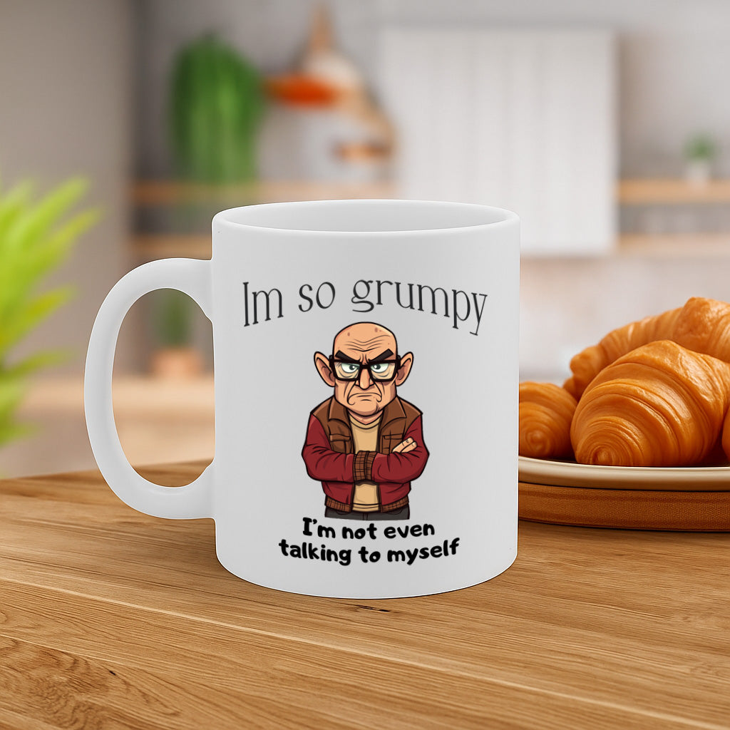 Hilariously Grumpy Cartoon Mug Featuring Bald Man with Glasses in Red Jacket – ‘I’m So Grumpy I’m Not Even Talking to Myself’ – Dishwasher and Microwave Safe – 11oz Ceramic Coffee Cup – MG6629