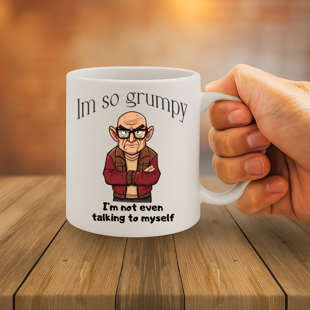 Hilariously Grumpy Cartoon Mug Featuring Bald Man with Glasses in Red Jacket – ‘I’m So Grumpy I’m Not Even Talking to Myself’ – Dishwasher and Microwave Safe – 11oz Ceramic Coffee Cup – MG6629