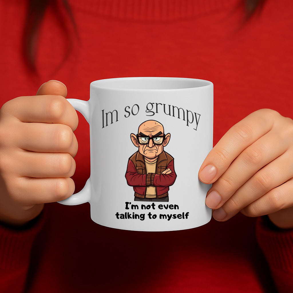 Hilariously Grumpy Cartoon Mug Featuring Bald Man with Glasses in Red Jacket – ‘I’m So Grumpy I’m Not Even Talking to Myself’ – Dishwasher and Microwave Safe – 11oz Ceramic Coffee Cup – MG6629
