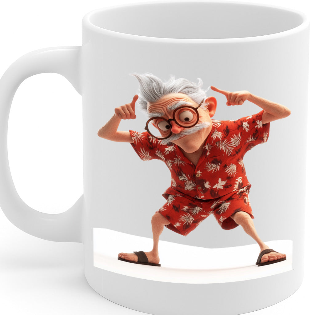 Funny Dancing Old Man in Hawaiian Shirt Mug – Colorful Cartoon Retired Grandpa Coffee Cup – 11oz Ceramic Mug with Large Handle – Dishwasher & Microwave Safe – MG6628