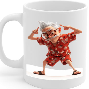 Funny Dancing Old Man in Hawaiian Shirt Mug – Colorful Cartoon Retired Grandpa Coffee Cup – 11oz Ceramic Mug with Large Handle – Dishwasher & Microwave Safe – MG6628