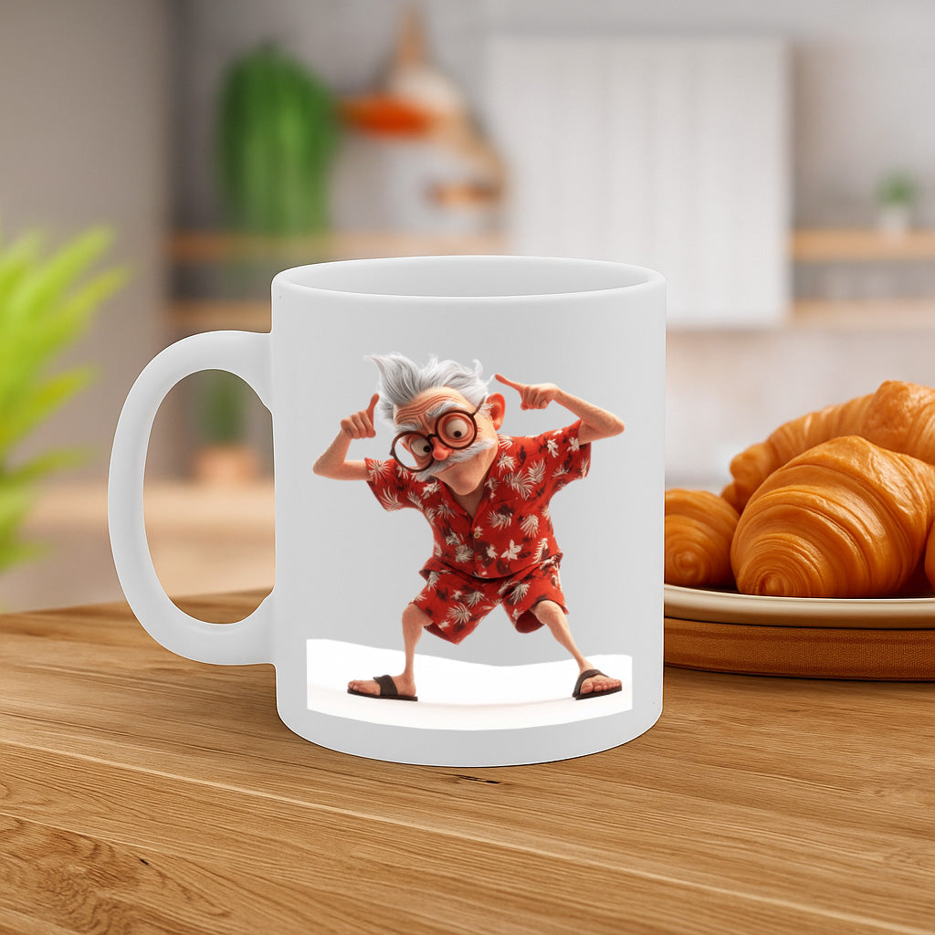 Funny Dancing Old Man in Hawaiian Shirt Mug – Colorful Cartoon Retired Grandpa Coffee Cup – 11oz Ceramic Mug with Large Handle – Dishwasher & Microwave Safe – MG6628