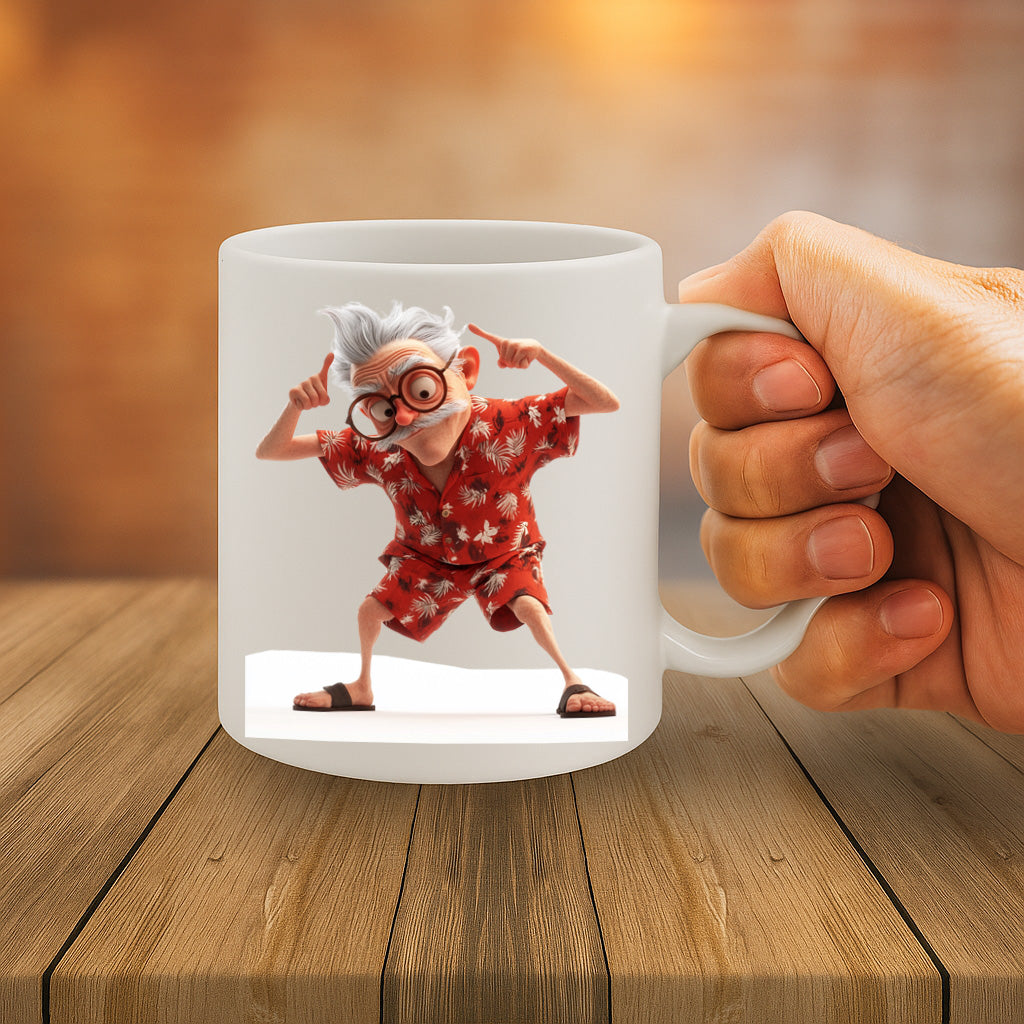 Funny Dancing Old Man in Hawaiian Shirt Mug – Colorful Cartoon Retired Grandpa Coffee Cup – 11oz Ceramic Mug with Large Handle – Dishwasher & Microwave Safe – MG6628