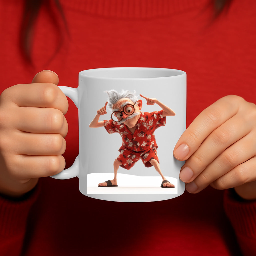 Funny Dancing Old Man in Hawaiian Shirt Mug – Colorful Cartoon Retired Grandpa Coffee Cup – 11oz Ceramic Mug with Large Handle – Dishwasher & Microwave Safe – MG6628