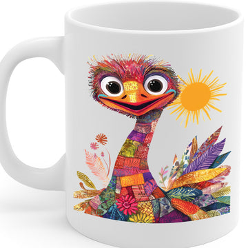 325ml Colorful Patchwork Ostrich Mug with Sun Illustration – Premium White Ceramic Coffee Cup, Dishwasher & Microwave-Safe, 9.5cm Height x 8cm Diameter with Large C-Handle for Comfortable Grip, Perfect Gift MG6627