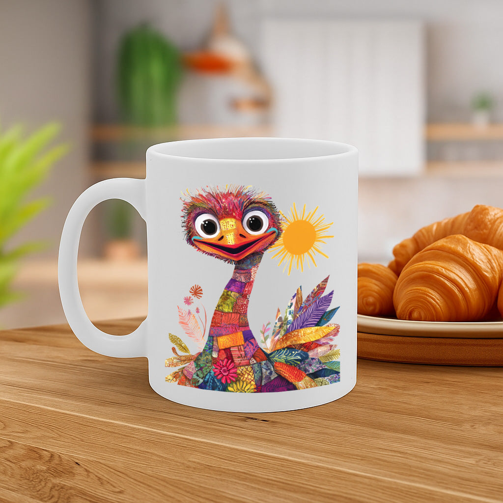 325ml Colorful Patchwork Ostrich Mug with Sun Illustration – Premium White Ceramic Coffee Cup, Dishwasher & Microwave-Safe, 9.5cm Height x 8cm Diameter with Large C-Handle for Comfortable Grip, Perfect Gift MG6627