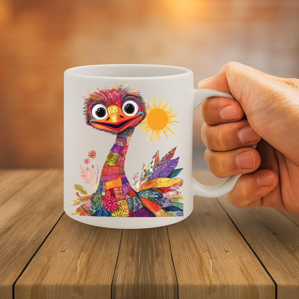 325ml Colorful Patchwork Ostrich Mug with Sun Illustration – Premium White Ceramic Coffee Cup, Dishwasher & Microwave-Safe, 9.5cm Height x 8cm Diameter with Large C-Handle for Comfortable Grip, Perfect Gift MG6627