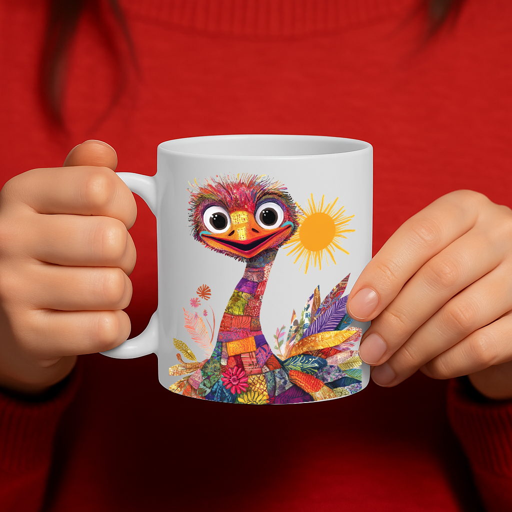 325ml Colorful Patchwork Ostrich Mug with Sun Illustration – Premium White Ceramic Coffee Cup, Dishwasher & Microwave-Safe, 9.5cm Height x 8cm Diameter with Large C-Handle for Comfortable Grip, Perfect Gift MG6627