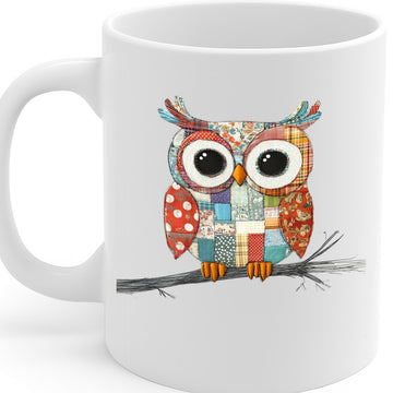 Colorful Patchwork Owl Mug – Cute Quilted Bird Design with Big Eyes – 325ml Ceramic Coffee Cup, Microwave & Dishwasher Safe – MG6626