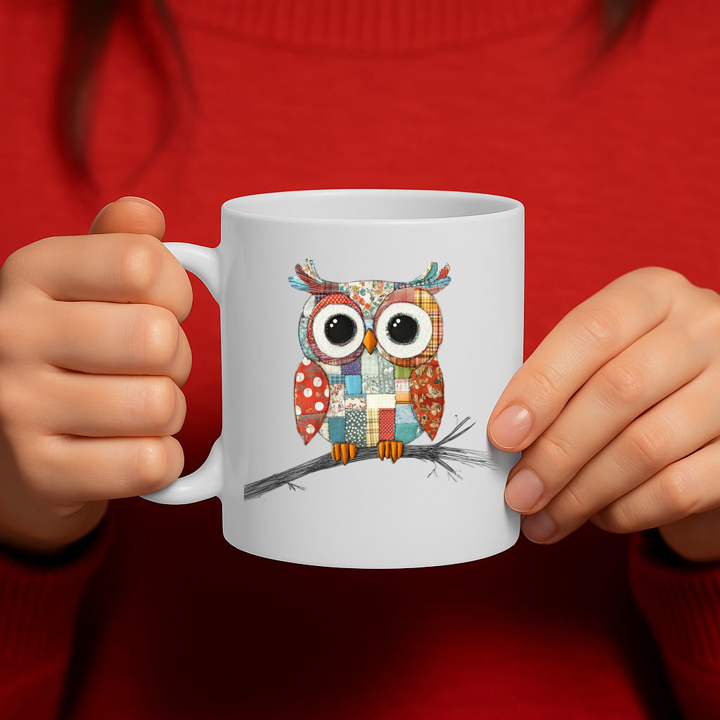 Colorful Patchwork Owl Mug – Cute Quilted Bird Design with Big Eyes – 325ml Ceramic Coffee Cup, Microwave & Dishwasher Safe – MG6626