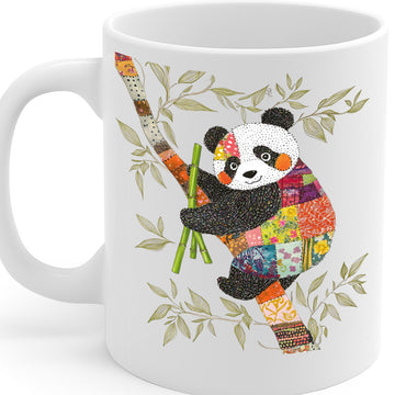 Adorable Panda Patchwork Design Mug – Colorful Bamboo-Loving Bear with Whimsical Quilted Look – 325ml Ceramic Coffee Cup with C-Handle – MG6625