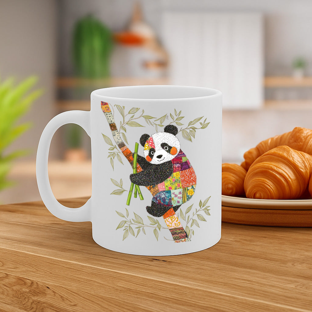Adorable Panda Patchwork Design Mug – Colorful Bamboo-Loving Bear with Whimsical Quilted Look – 325ml Ceramic Coffee Cup with C-Handle – MG6625