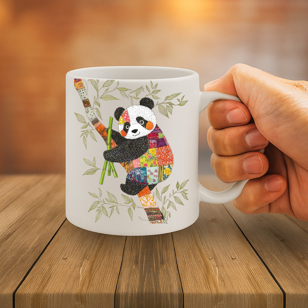 Adorable Panda Patchwork Design Mug – Colorful Bamboo-Loving Bear with Whimsical Quilted Look – 325ml Ceramic Coffee Cup with C-Handle – MG6625