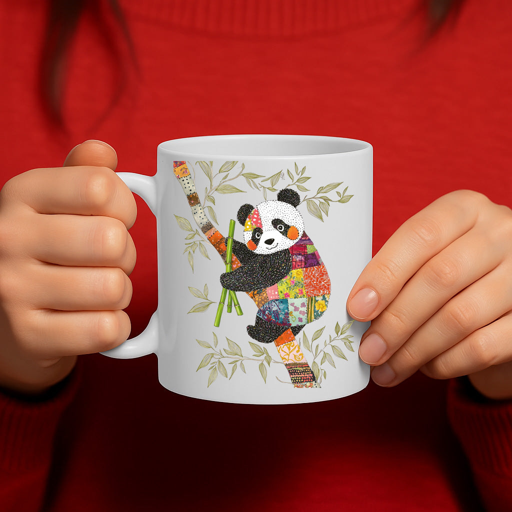 Adorable Panda Patchwork Design Mug – Colorful Bamboo-Loving Bear with Whimsical Quilted Look – 325ml Ceramic Coffee Cup with C-Handle – MG6625