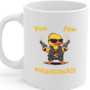 Pew Pew Madafakas Funny Duck Mug with Guns - Bold Attitude Humor Coffee Cup for Gun Lovers & Duck Fans - Microwave & Dishwasher Safe MG6623