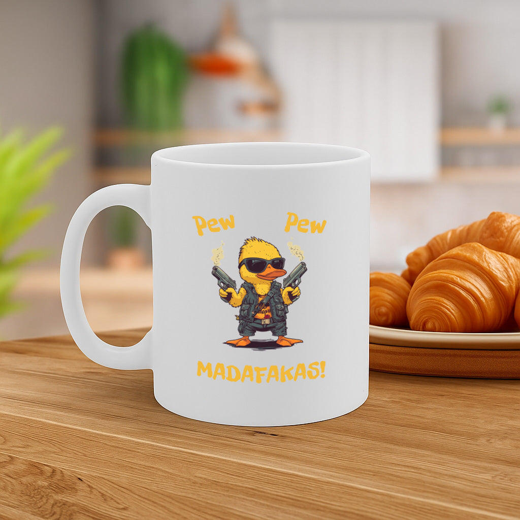 Pew Pew Madafakas Funny Duck Mug with Guns - Bold Attitude Humor Coffee Cup for Gun Lovers & Duck Fans - Microwave & Dishwasher Safe MG6623