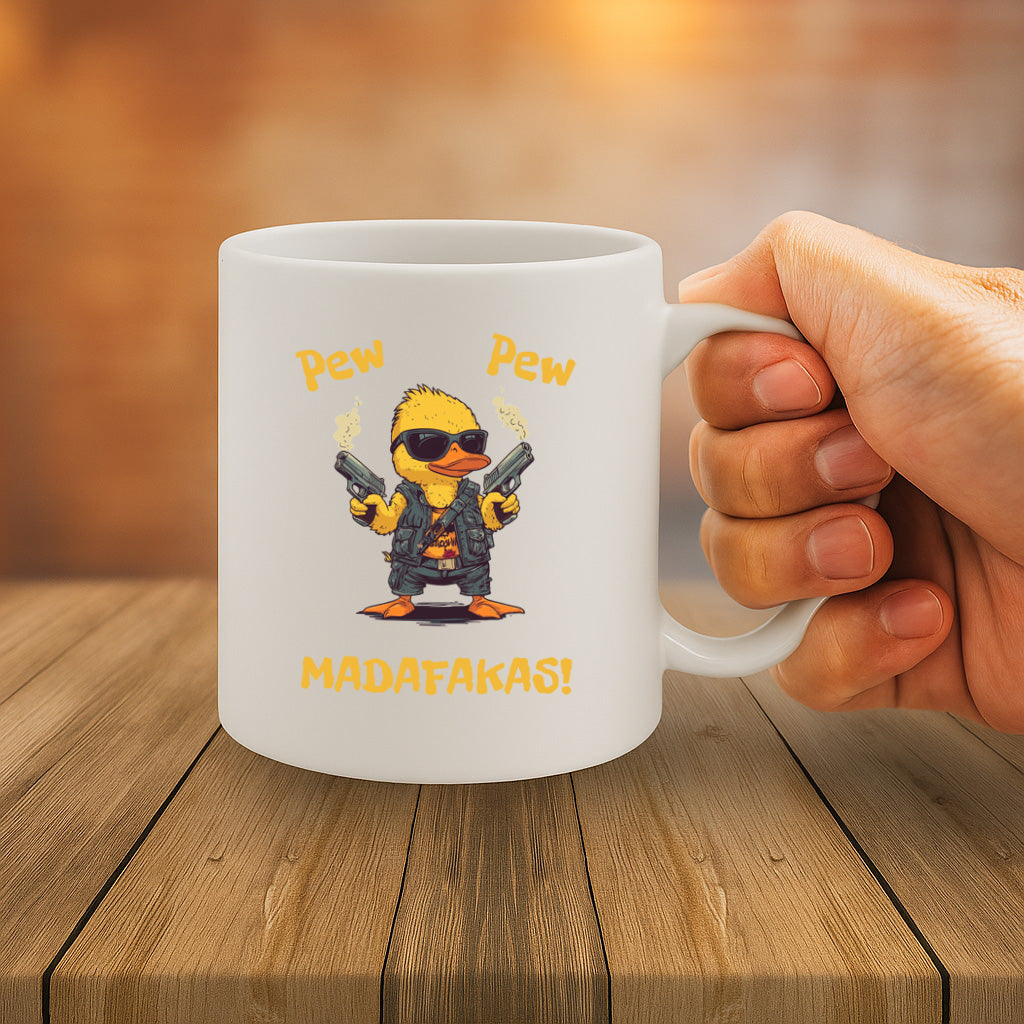 Pew Pew Madafakas Funny Duck Mug with Guns - Bold Attitude Humor Coffee Cup for Gun Lovers & Duck Fans - Microwave & Dishwasher Safe MG6623
