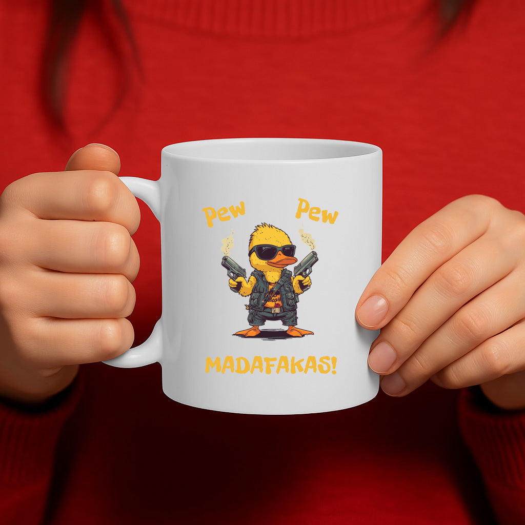 Pew Pew Madafakas Funny Duck Mug with Guns - Bold Attitude Humor Coffee Cup for Gun Lovers & Duck Fans - Microwave & Dishwasher Safe MG6623