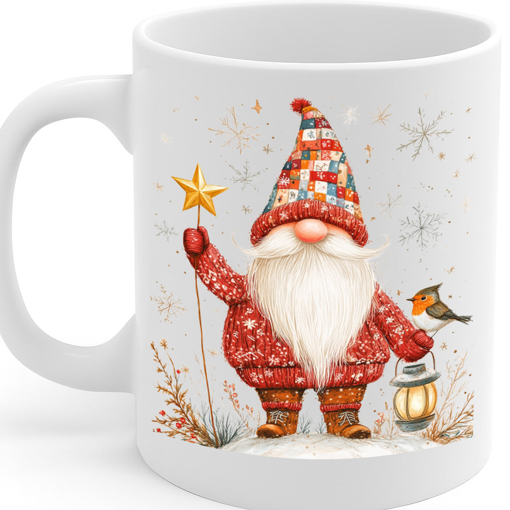 Whimsical Christmas Gnome Mug with Nordic Santa Holding Lantern and Star – Holiday Themed Coffee Cup – Dishwasher & Microwave Safe – 11oz Ceramic Mug MG6620