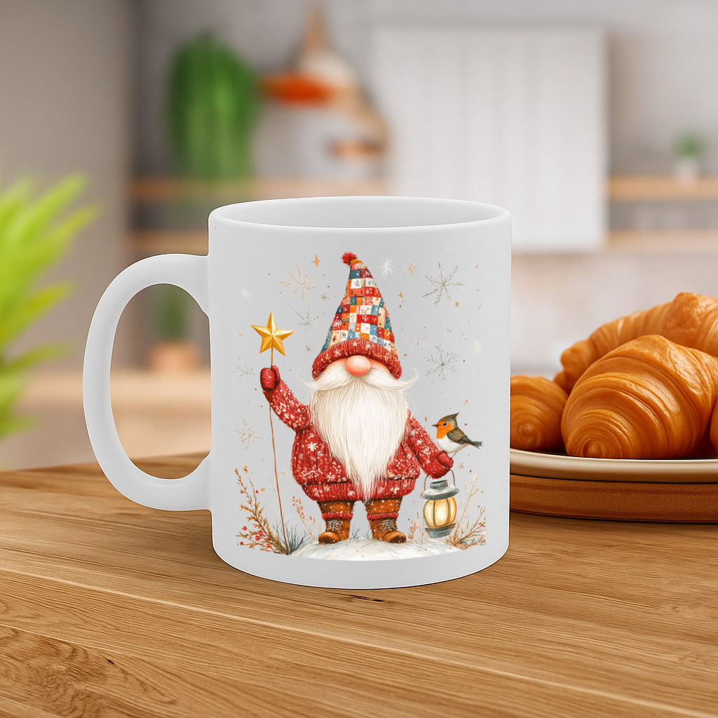 Whimsical Christmas Gnome Mug with Nordic Santa Holding Lantern and Star – Holiday Themed Coffee Cup – Dishwasher & Microwave Safe – 11oz Ceramic Mug MG6620