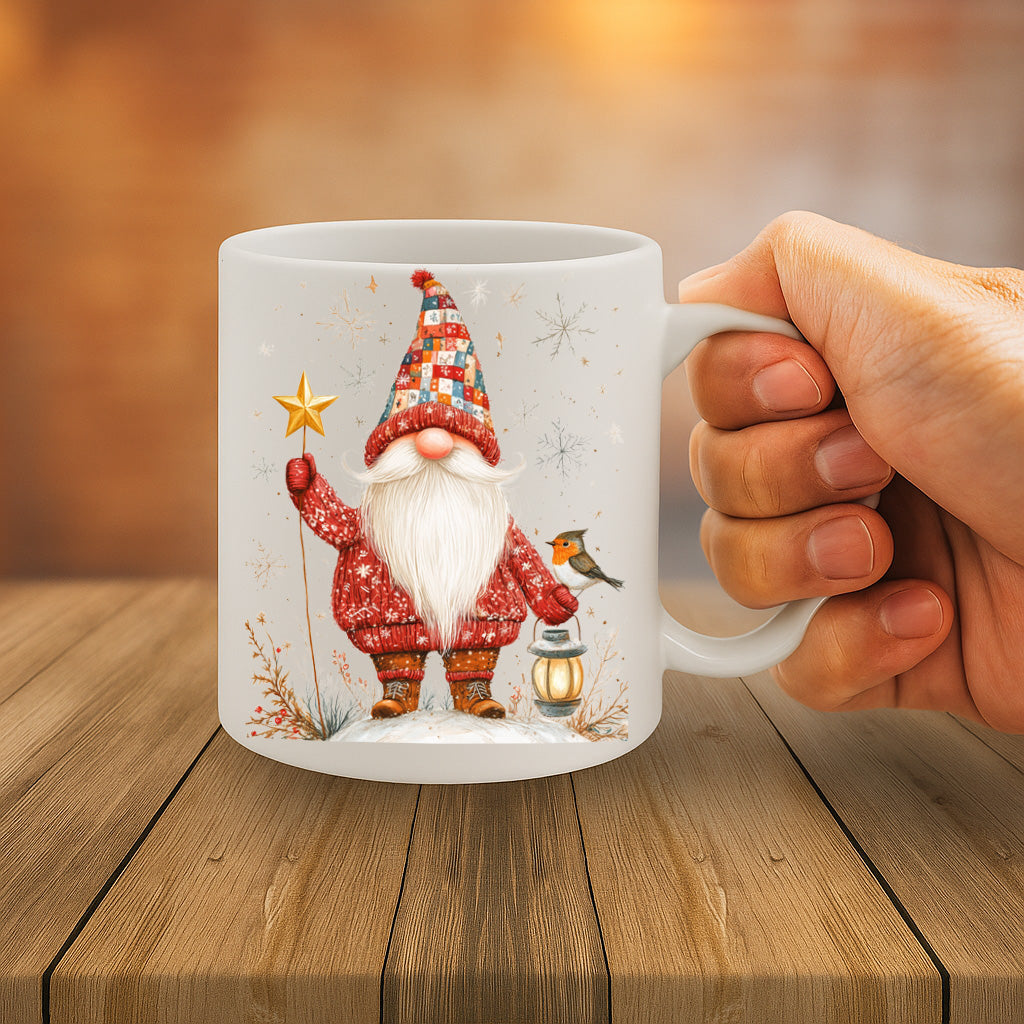 Whimsical Christmas Gnome Mug with Nordic Santa Holding Lantern and Star – Holiday Themed Coffee Cup – Dishwasher & Microwave Safe – 11oz Ceramic Mug MG6620