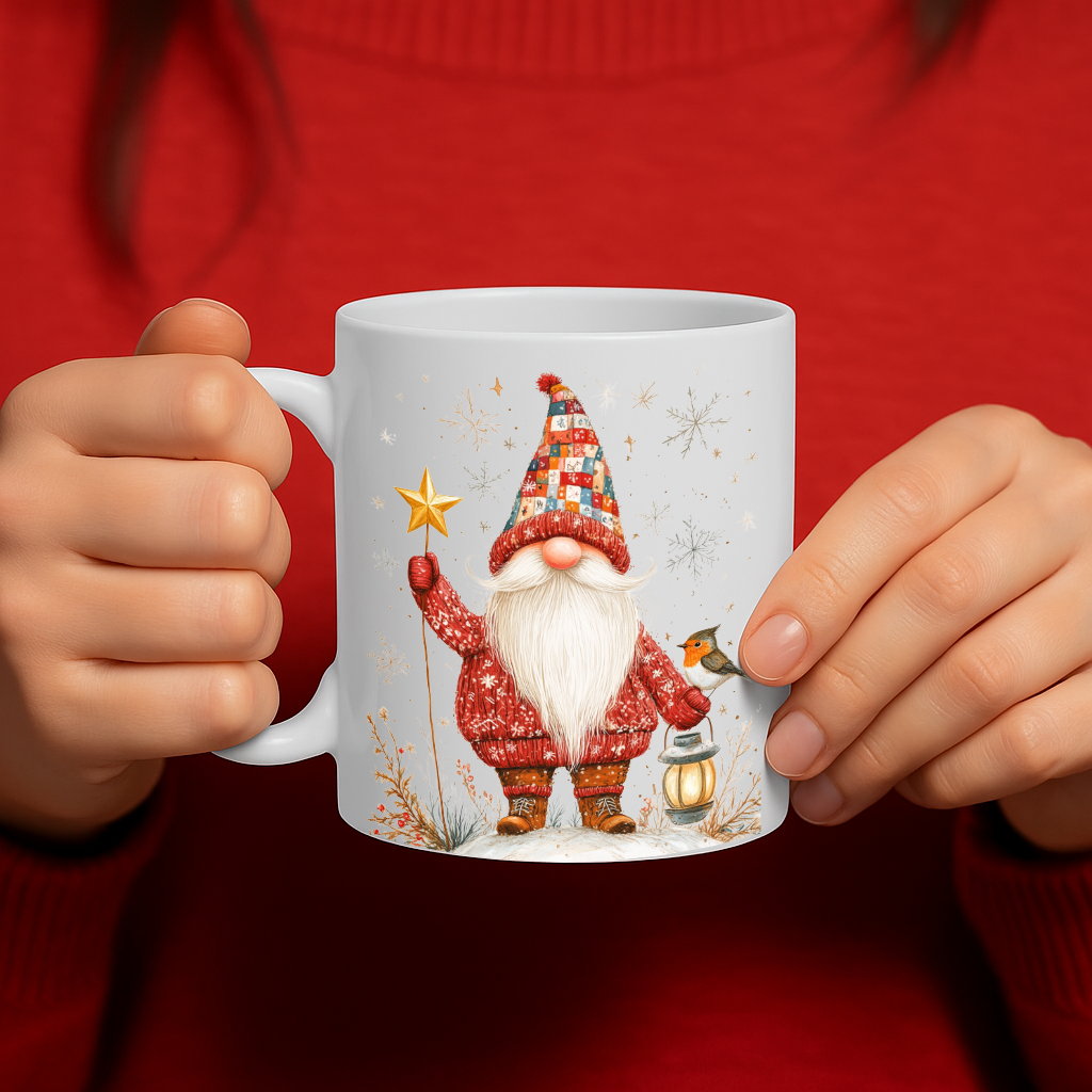 Whimsical Christmas Gnome Mug with Nordic Santa Holding Lantern and Star – Holiday Themed Coffee Cup – Dishwasher & Microwave Safe – 11oz Ceramic Mug MG6620
