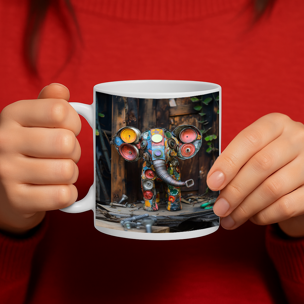 Colorful Scrap Metal Elephant Mug – Upcycled Junkyard Art Design for Creatives, Artists, and Makers, Unique Industrial Vibes, 11 oz Ceramic, Dishwasher & Microwave Safe – MG6618