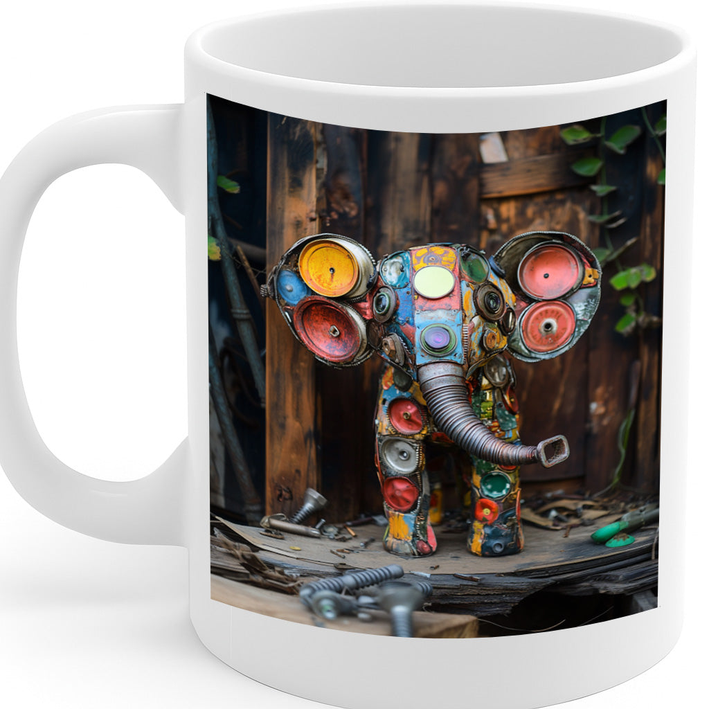Colorful Scrap Metal Elephant Mug – Upcycled Junkyard Art Design for Creatives, Artists, and Makers, Unique Industrial Vibes, 11 oz Ceramic, Dishwasher & Microwave Safe – MG6618
