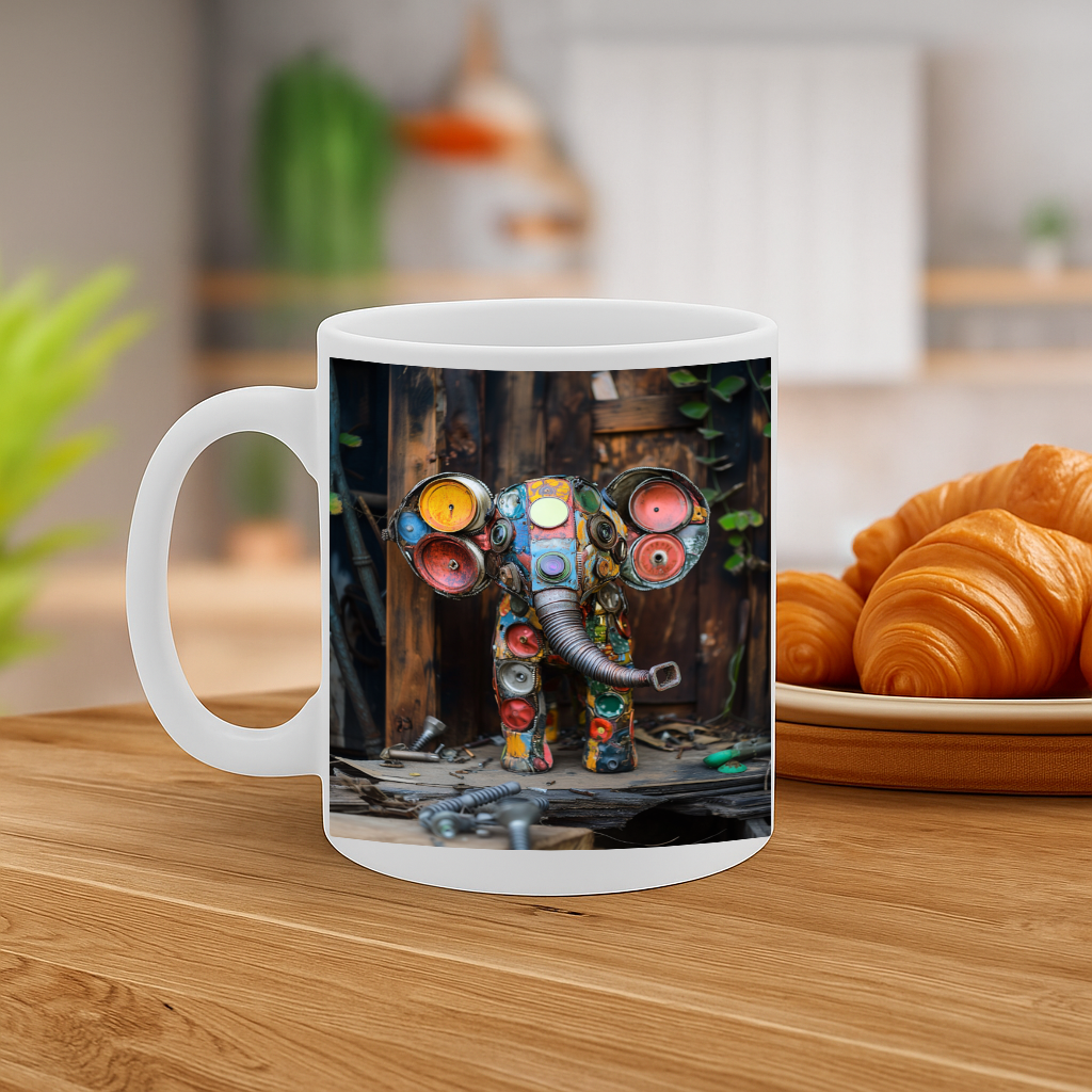Colorful Scrap Metal Elephant Mug – Upcycled Junkyard Art Design for Creatives, Artists, and Makers, Unique Industrial Vibes, 11 oz Ceramic, Dishwasher & Microwave Safe – MG6618