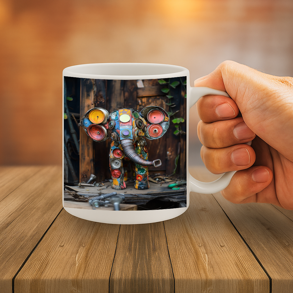 Colorful Scrap Metal Elephant Mug – Upcycled Junkyard Art Design for Creatives, Artists, and Makers, Unique Industrial Vibes, 11 oz Ceramic, Dishwasher & Microwave Safe – MG6618