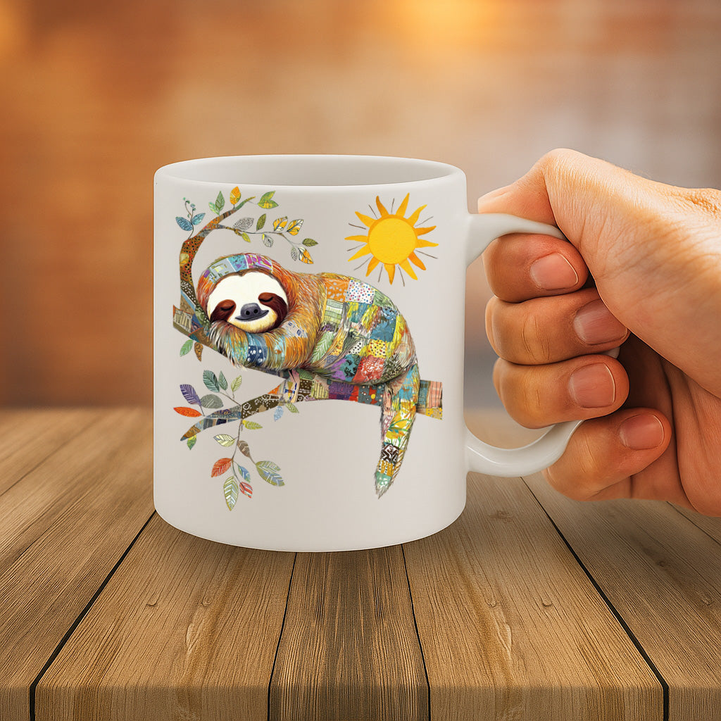 Colorful Sleeping Sloth Mug with Sunshine & Tree Branch Art – Relaxing Jungle Vibe, Whimsical Nature Gift, 11 oz Ceramic, Dishwasher & Microwave Safe – MG6616