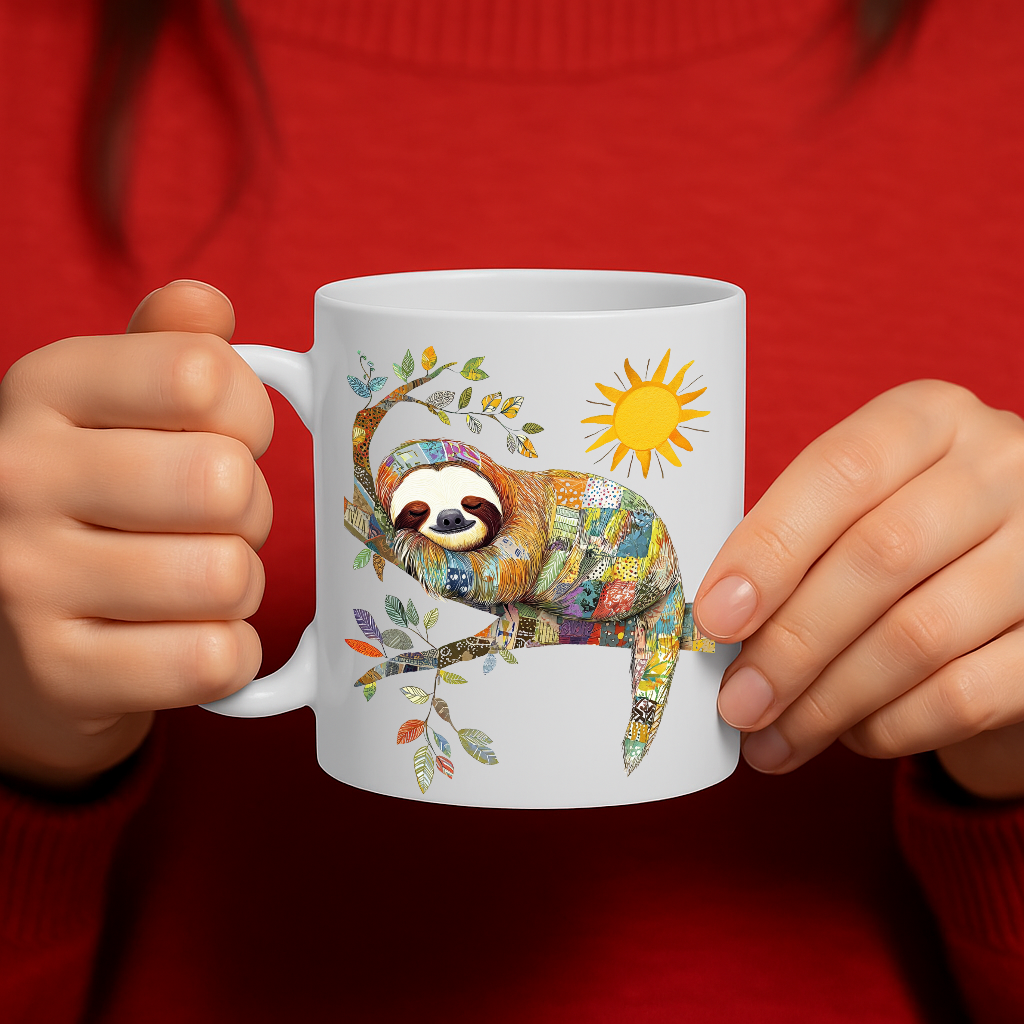 Colorful Sleeping Sloth Mug with Sunshine & Tree Branch Art – Relaxing Jungle Vibe, Whimsical Nature Gift, 11 oz Ceramic, Dishwasher & Microwave Safe – MG6616