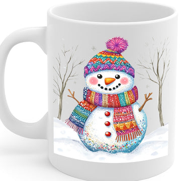 Festive Snowman Winter Mug with Colorful Knitted Hat and Scarf – Cozy Holiday Coffee Cup, Christmas Gift for Kids & Adults, 11 oz Ceramic, Dishwasher & Microwave Safe – MG6615