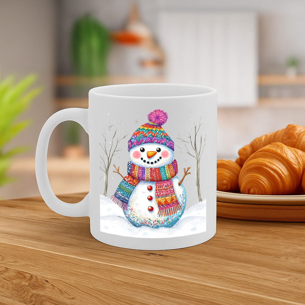 Festive Snowman Winter Mug with Colorful Knitted Hat and Scarf – Cozy Holiday Coffee Cup, Christmas Gift for Kids & Adults, 11 oz Ceramic, Dishwasher & Microwave Safe – MG6615