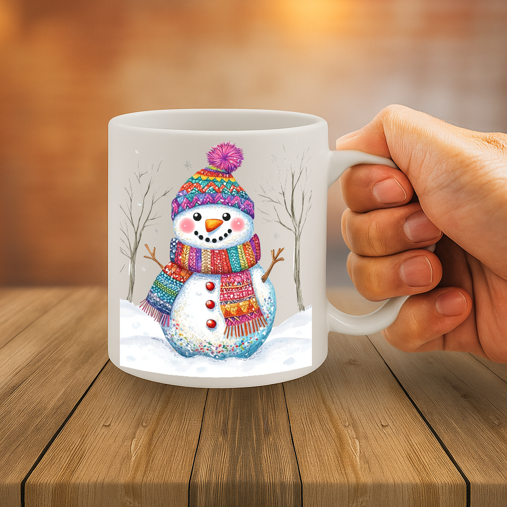 Festive Snowman Winter Mug with Colorful Knitted Hat and Scarf – Cozy Holiday Coffee Cup, Christmas Gift for Kids & Adults, 11 oz Ceramic, Dishwasher & Microwave Safe – MG6615