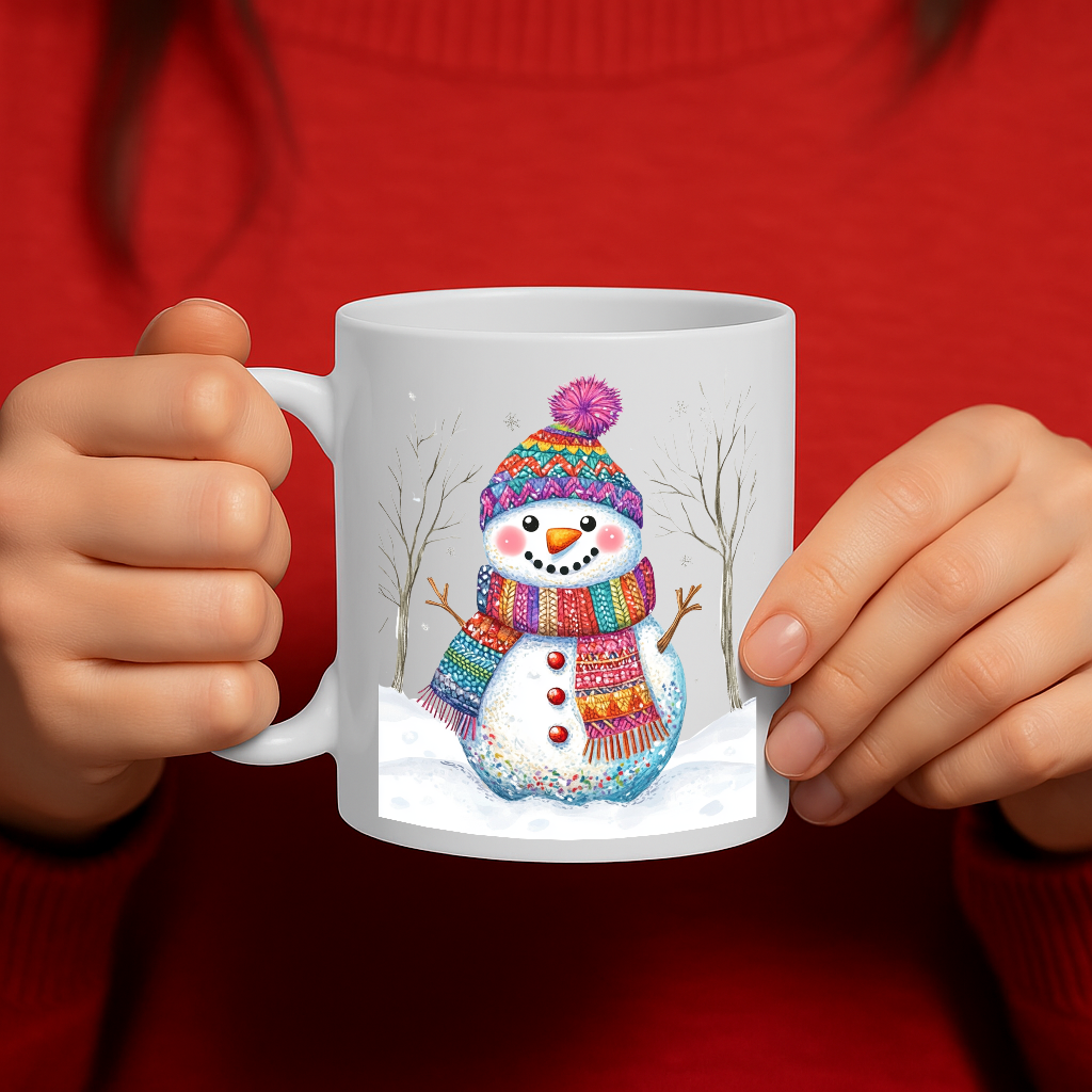 Festive Snowman Winter Mug with Colorful Knitted Hat and Scarf – Cozy Holiday Coffee Cup, Christmas Gift for Kids & Adults, 11 oz Ceramic, Dishwasher & Microwave Safe – MG6615