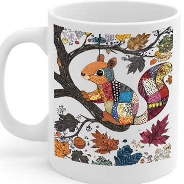 Whimsical Patchwork Squirrel Autumn Mug – Vibrant Woodland Illustration, Cozy Fall Vibes Gift for Nature Lovers, 11 oz Ceramic, Dishwasher & Microwave Safe – MG6612