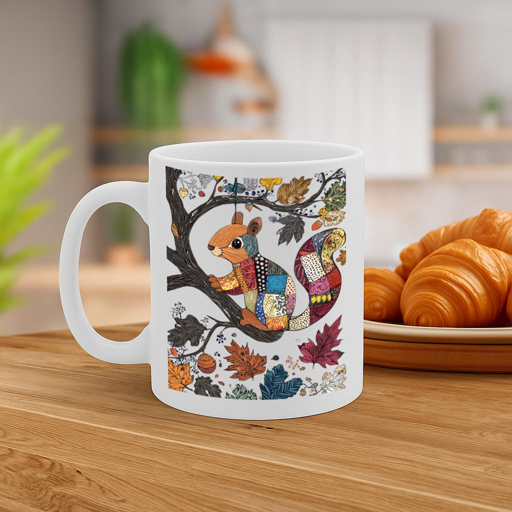 Whimsical Patchwork Squirrel Autumn Mug – Vibrant Woodland Illustration, Cozy Fall Vibes Gift for Nature Lovers, 11 oz Ceramic, Dishwasher & Microwave Safe – MG6612