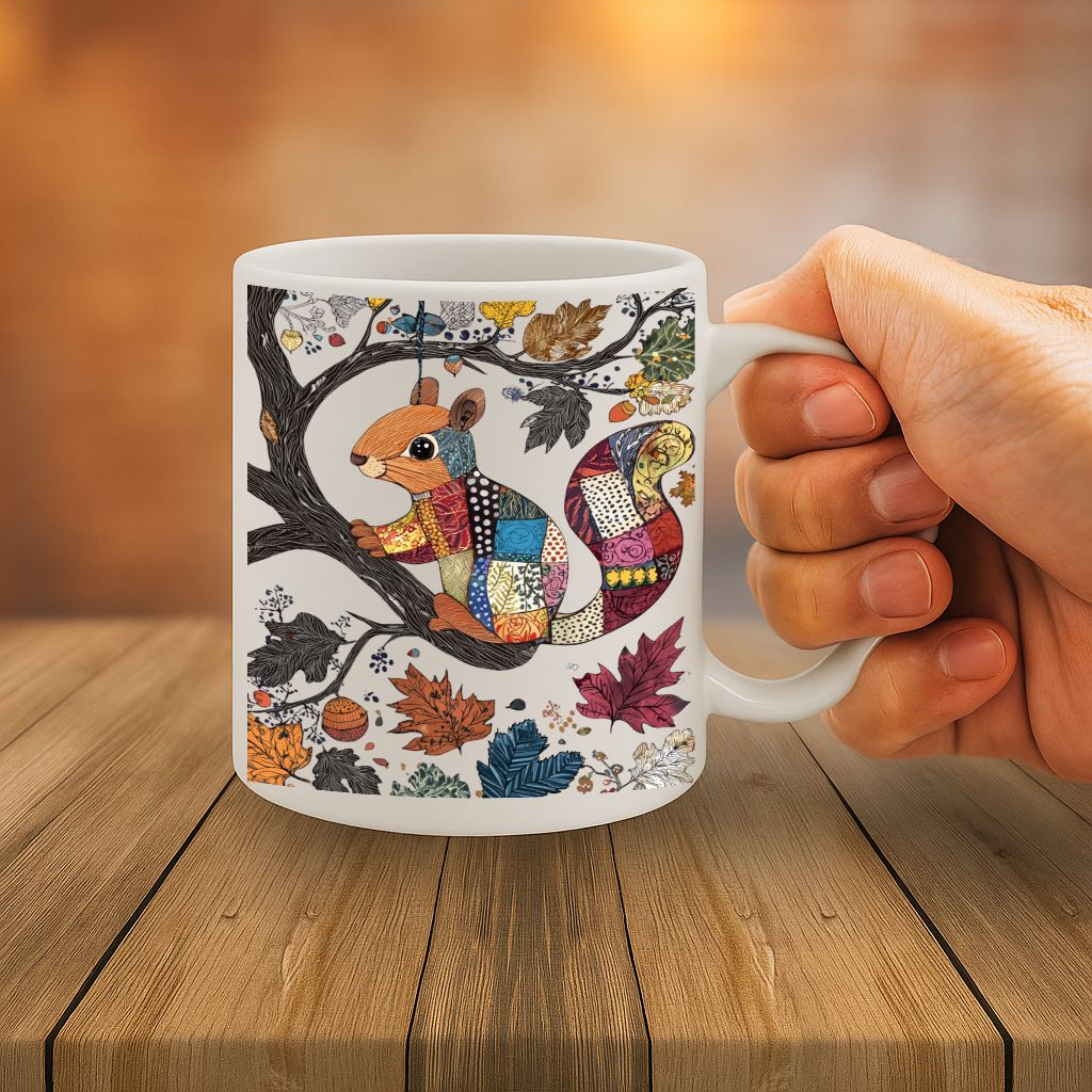 Whimsical Patchwork Squirrel Autumn Mug – Vibrant Woodland Illustration, Cozy Fall Vibes Gift for Nature Lovers, 11 oz Ceramic, Dishwasher & Microwave Safe – MG6612