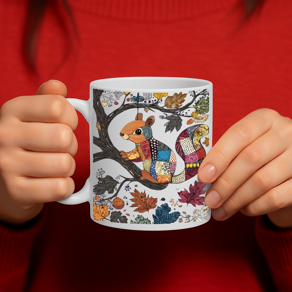 Whimsical Patchwork Squirrel Autumn Mug – Vibrant Woodland Illustration, Cozy Fall Vibes Gift for Nature Lovers, 11 oz Ceramic, Dishwasher & Microwave Safe – MG6612