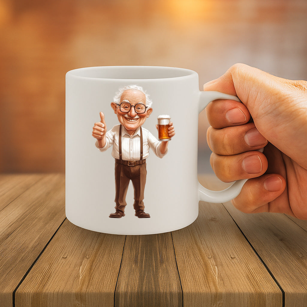 Funny Grandpa with Beer Cartoon Mug – Wholesome Thumbs-Up Design, Perfect Gift for Beer Lovers, Grandpas, Retirees, 11 oz Ceramic, Dishwasher & Microwave Safe – MG6610