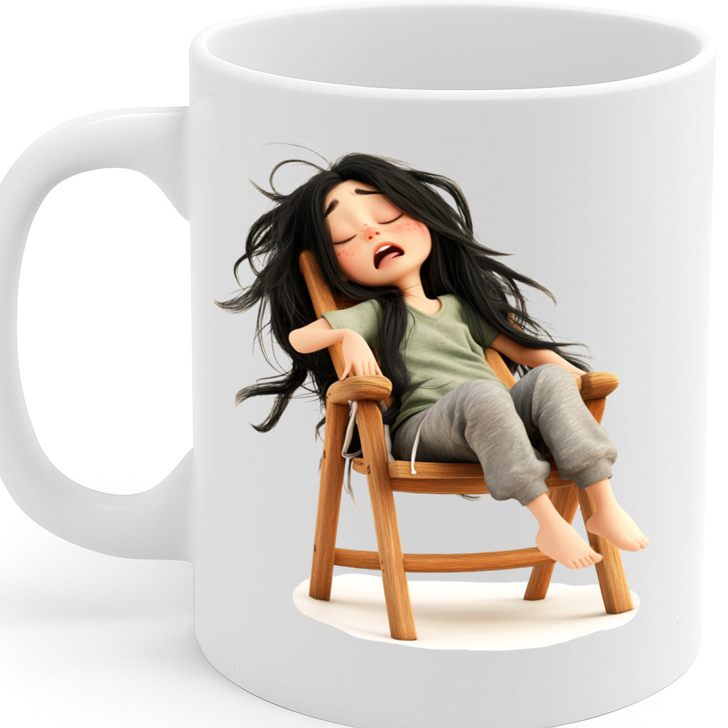 Cute Sleepy Girl Cartoon Mug – Adorable Lazy Day Illustration, Relaxation Vibes, Gift for Coffee Lovers & Nappers, 11 oz Ceramic Mug – MG6609